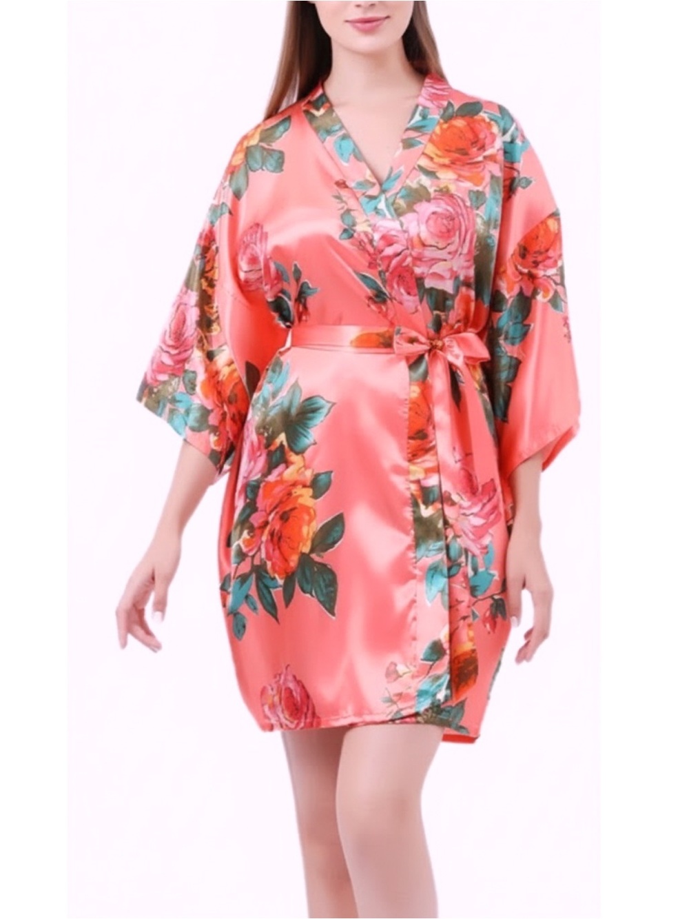 Floral Satin Kimono Robe in Coral Pink • NIP